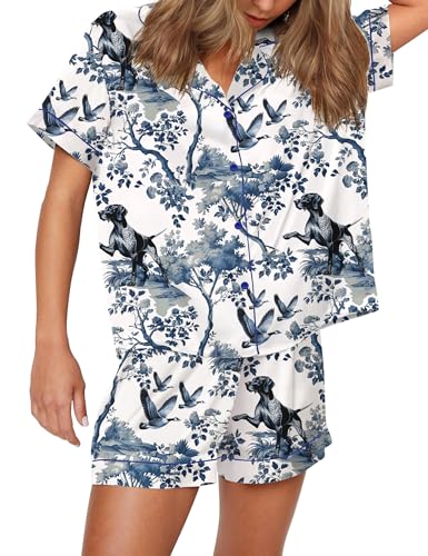 Image of SHESHOW Satin Pajamas for Women Set Preppy Animals Pjs Short Sleeve Shorts 2 Piece Loungewear Sets XS-XXL