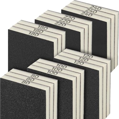 Sruhrak 18 Stück Weich Schleifschwamm, 80/100/120/180/220/240 Körnung Weiches Schleifblock Nass und Trocken Schleifschwämme Waschbar und Wiederverwendbare Schleifpads,DREI Stücke pro Partikelgröße