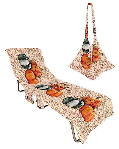 Geometric Pumpkins, Beach Lounge Chair Towel Cover, Soft Chaise Lounge Towel with Side Pockets Patio Pool Chairs Cover for Beach/Pool Sunbathing 29x85 Fall Thanksgiving Orange Green Lattice