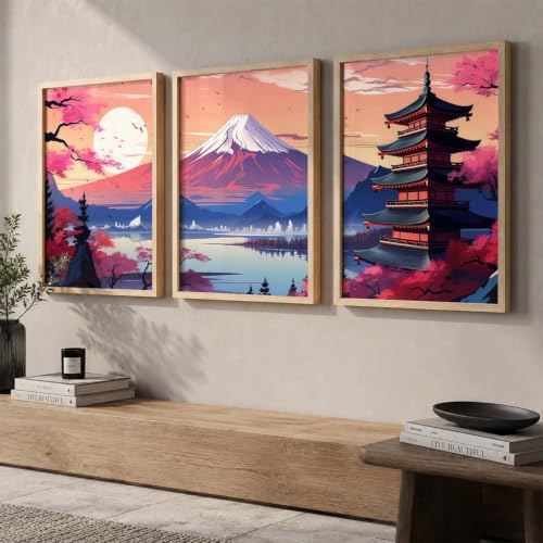 Image of kotart Big Aesthetic Mount Fuji Wall Art Paintings | Mountain Landscape Framed Painting | Nature Art Vastu Frames for Living Room Bedroom Wall Decor Set Of 3 (14x20 Inch)