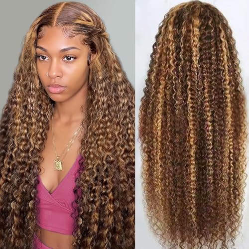 Honey Blonde 13x6 Deep Wave Lace Front Wigs Human Hair 30 inch 4/27 Highlight Ombre Deep Wave HD Transparent Lace Front Wigs Pre Plucked 200% Density Wet And Wavy Curly Lace Frontal Wig for Women