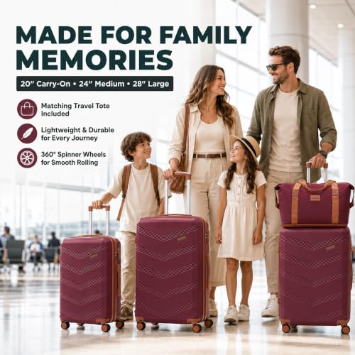Image of CONCEPTEN Expandable Hardshell Luggage Set 5 Piece, 22x14x9 Airline Approved Carry On, 20 /24 /28 inch Suitcase Set with TSA Lock, Spinner Wheels, ABS+PC (Red)