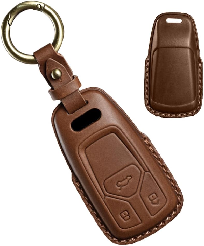 HIBEYO Leather Key Fob Cover for Audi A4 S4 RS4 B9 A5 F5 S5 RS5 A6 A7 C8 A8 S8 D5 Q2 Q5 SQ5 FY Q7 SQ7 4M TT FV TTS TTRS R8 Accessories with Keychains 3 Button Car Key Case Cover Protector-Brown