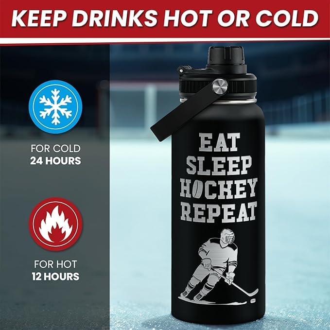 Image of SANDJEST Ice Hockey Insulated Engraved Stainless Steel Water Bottle 32oz, Vacuum Chug Lid Travel Tumbler For Men Friends Hockey Lovers Fans Coaches,Birthday Christmas