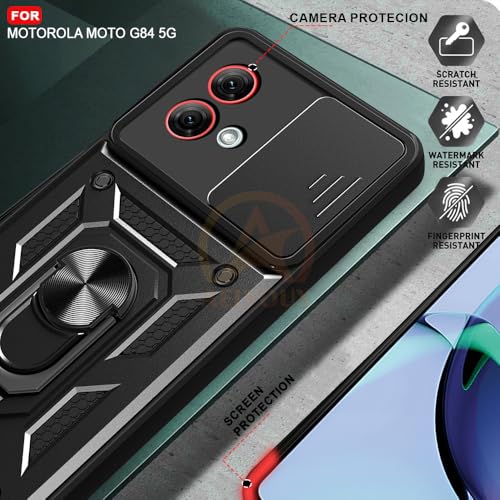 Image of Armor Bumper Back Cover Case for Motorola Moto G84 5G Rotating Camera Cover, Ring Holder & Kickstand | Heavy Duty & 360 Degree Protection Motorola Moto G84 5G Back Cover (Black)