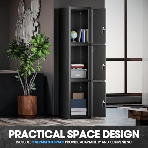 Image of DNA Motoring Metal Storage Cabinet for Employees with Keys, 71 inch Employees Metal Locker with 3 Doors, Tall Storage Lockers for Garage,Office,Home,Gym, Black, TOOLS-00789-BK-BK