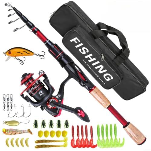 Glewi Caña de pescar ultraligera de fibra de carbono, carrete para juego combinado de 1,8 m, caja de aparejos y kit de señuelos de 37 piezas para río, lago y mar