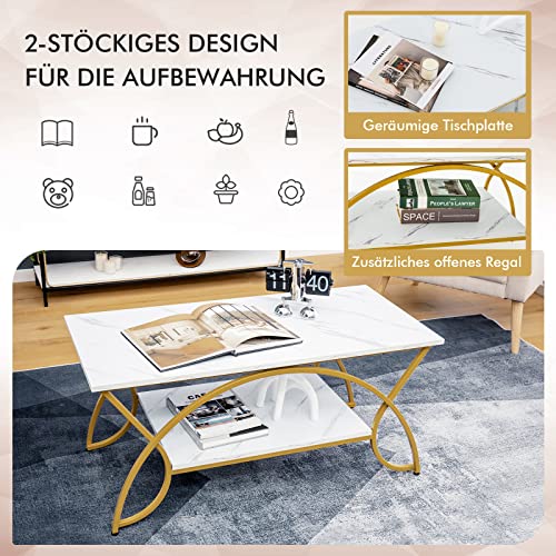COSTWAY Couchtisch Marmor Optik, Kaffeetisch mit Ablage und Metallgestell, Wohnzimmertisch, Beistelltisch, Sofatisch für Wohnzimmer, 100 x 50 x 45 cm (Gold-weiß) – Bild 5