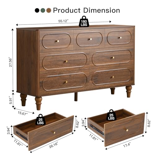 ORRD Walnut Mid Century Modern 7 Drawer Dresser for Bedroom Storage