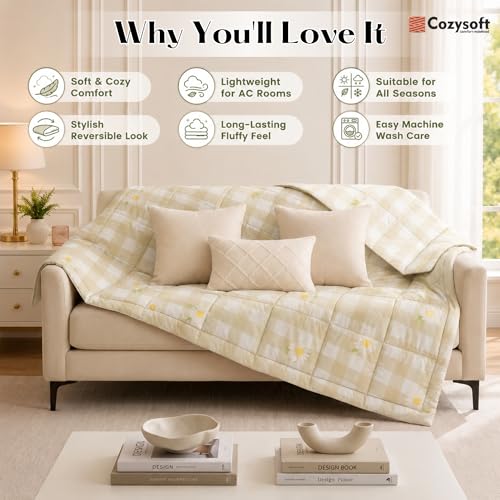 Image of Cozysoft Reversible AC Comforter Set| 220 GSM, Daisy Petal Check Double Bed | Lightweight Ultra Soft Microfiber Comforter| Quilt /Blanket /Duvets for All Weather