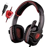 SADES SA901 7.1 Surround Sound Stereo Professionelle PC USB Gaming Headsets Stirnband Kopfhörer mit Mikrophon Tiefe Bässe Over-The-Ear-Lautstärkeregler für PC Gamers (Rot)
