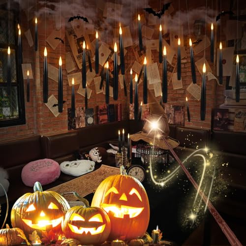 Image of Floating Candles with Magic Wand Remote, 36 PCS Black LED Taper Candles with 2 Wands, Flickering Warm Light Flameless Hanging Candles for Halloween Christmas Party Decor Indoor Outdoor