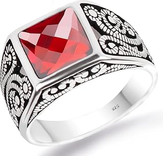 Solid 925 Sterling Silver Turkish Filigree Design Ring with Square Faceted Cut Simulated Red Ruby Stone Men's Band Ring