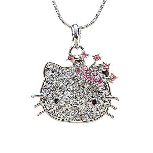 Sparkly Rhinestone Hello-Kitty with Pink Crown- Silver toned metal. Chain (style varies) included.