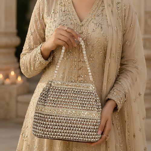 Image of Nevis Silk Fabric Premium Pearl & Crystal Embroidered Potli Bag for Women | Ethnic Bridal Clutch with Golden Handle | Party & Wedding | Potli Bag