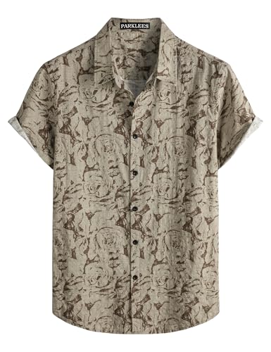 Image of PARKLEES Men's Hawaiian Short Sleeve Button Down Shirts Summer Casual Vintage Lightweight Shirt Khaki Medium