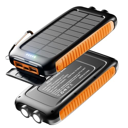 Luvknit Power-Bank-Solar-Charger - 20000mAh Power Bank, Portable Charger, External Battery Pack 5V/3A Type C Input Output Dual Built-in Super Bright Flashlight, Carabiner, Solar Panel Charging