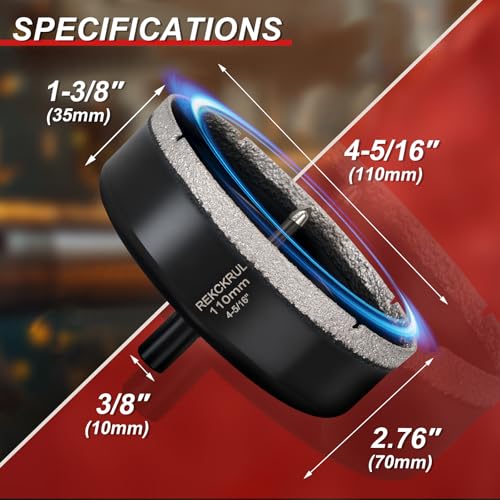 Image of 4-5 /16 Inch Diamond Hole Saw with Pilot Drill Bit 1PCS | Premium Tile Hole Saws Porcelain, Ceramic, Granite, Marble, Glass , 1-3 /8 inch Cutting Depth, Serrated Edge Wet /Dry Use (110mm)