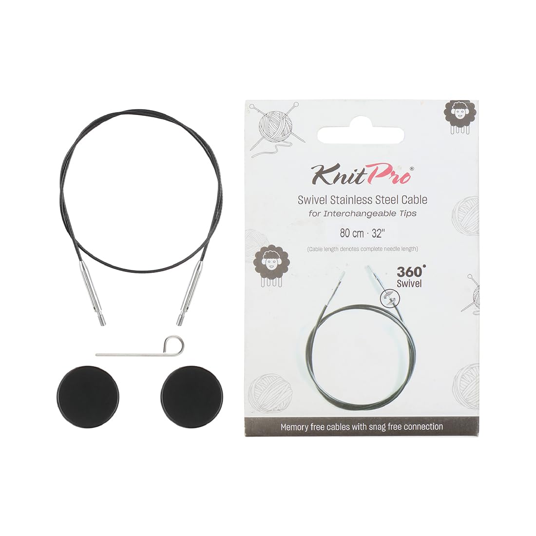 Knitpro - Knitpro Acciaio Inox Nero/Argento 360° Cavo Girevole Intercambiabile Per Ago Da 80Cm Con Cappucci Terminali E Chiave Cavo - 1 Set-image