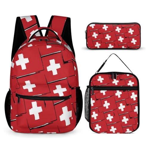 Switzerland Flag Or Banner Cute Backpacks Set Lightweight Lunch Bag Aesthetic Pencil Cases for Travel Work