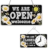 PLIGREAT Cartello aperto con scritta in gesso su entrambi i lati con orologio, si prega di venire insegne per negozi al dettaglio decorazione da parete per finestre e porte con catena, Daisy Bee