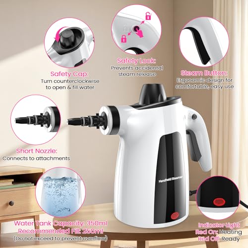 Image of Steam Cleaner, Pressurized Handheld Multi-Surface Natural Steam Cleaner with 12pcs Accessory & Safety Lock, Portable Steamer for Cleaning Home, Kitchen, Bathroom, Car, Upholstery, Grout, Window