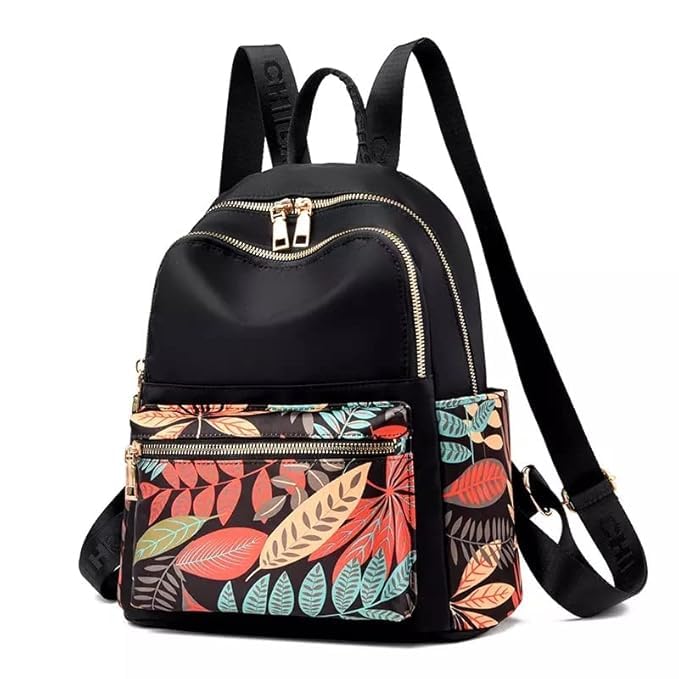 Ethnic StyleL PU eather Backpack For Women and Girls,Fashion Bag, College,School,Office Bag,Printed Backpack (Leaf Black)