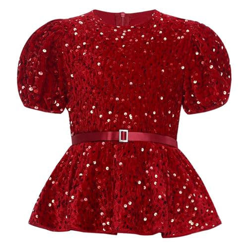 Kids Girls Sparkly Peplum Tops Short Sleeve Sequin Dressy Blouses Party Glitter Velvet Shirts