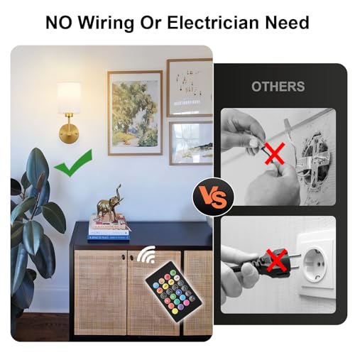 Image of Battery Operated Wall Sconce Set of Two,Wireless Rechargeable Wall Light With Remote Control, Dimmable, 1800K /3000K /4000K /6000K /RGB, Timer, for Living Room, Bedroom, Fireplace, TV, 13.5 Inch, Gold