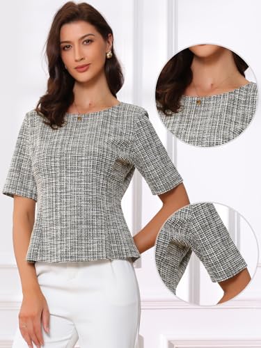 Allegra K Tweed Top for Women's Round Neck Short Sleeve Pullover Work Office Blouse2