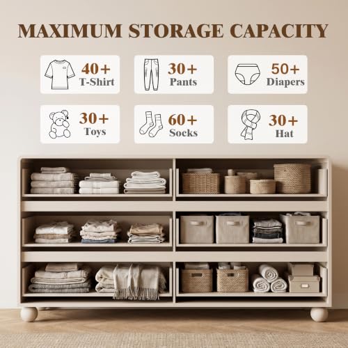 Image of Furniway Modern 6 Drawer Dresser for Bedroom, Beige Dresser with Curved Profile Design, Minimalist Wood Chest of Drawers for Bedroom, Living Room, Hallway Entryway