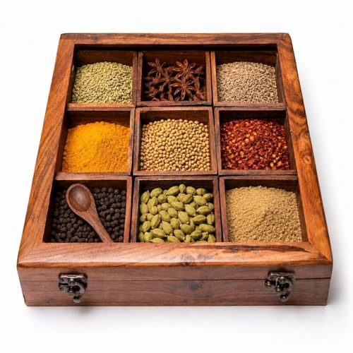 Image of Wooden Masala Box Spice Box with Glass Lid & Spoon, Sheesham Wood Masala Dabba Organizer, 9 Removable Compartments, Indian Spice Container, Kitchen Organizer, 120ml Each, Brown