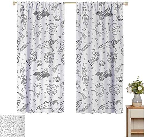 June Gissing Boys Room Darkening Curtains for Bedroom Doodle Solar System Astronauts Space Crafts and Shooting Stars Science Fiction Theme Sliding Door Insulated Curtains W52 x L63 Black White