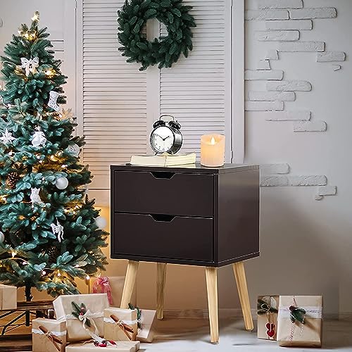 Image of Storage Nightstand Mid-Century Modern Bedside Table with Solid Wood 4 Legs Minimalist and Practical End Side Table- 2 Drawer-Brown