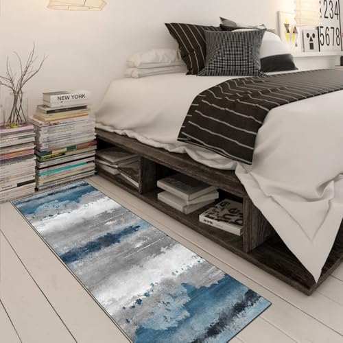 Alfombra lavable pasillo y dormitorio gris azul con base antideslizante 3