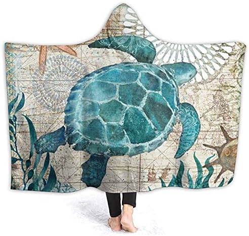 Sea Turtle Blanket Hoodie Throw Wearable Blanket Sea Turtle Hooded Blanket Anti-Pilling Flannel Hoodie-Plush Soft Warm Blanket Blankets Fit for Kids Adults Teens 60″X50″