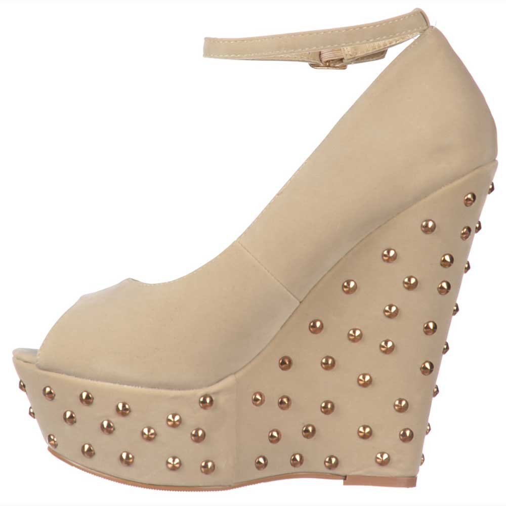 OnlineshoeWomen's Coral Studded Suede Wedge Peep Toe Platform Shoes Ankle Strap - Coral Studded