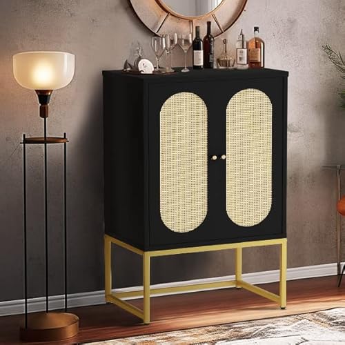 Awqm Natural Rattan,Sideboard Buffet Cupboard Accent Cabinet,2 Door High Cabinet,Adjustable Shelves,Free Standing Bookmatch,Easy Assembly,26.77" L X 15.75" W X 41.34" H,Black #TOP4