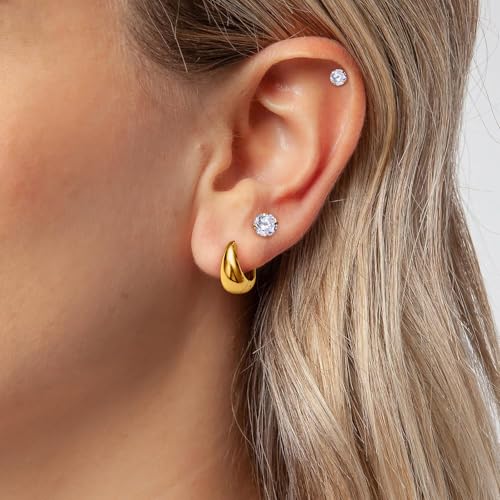 5 Pairs Flat Back Stud Earrings& 3 Pairs Hoop Earrings Set, Hypoallergenic Cubic Zirconia F136 Stainless Steel Jewelry For Women Man CZ Size 3-7mm4