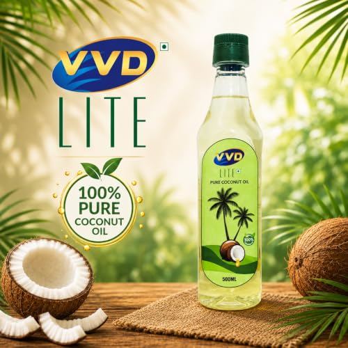 Image of VVD Lite Pure Coconut Oil 500ml Bottle | Pure Coconut Oil for Cooking | Natural Coconut Cooking Oil | Rich Coconut Aroma & Taste | Traditional Cooking Oil | Free from Argemone Oil | Non - sticky | Non-greasy | Less Viscous