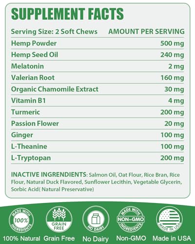 Hemp Calming Chews for Dogs with Anxiety and Stress,Dog Calming Treats-Separation,Stress Relief,Barking,Thunderstorms,Pet Soft Bites Contains Hemp Oil,Valerian Root,and Melatonin (Chicken/120 Chews)