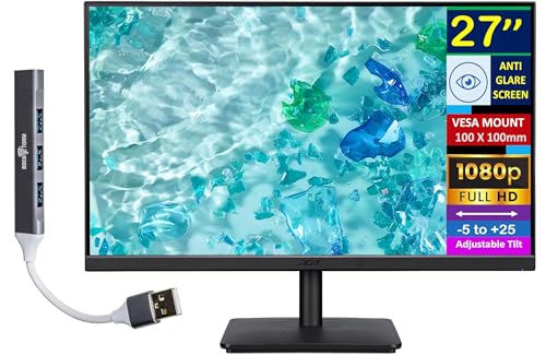 Image of Acer 27 inch FHD IPS Monitor with 4ms Response Time | Anti Glare, VESA Mount (100mm), VGA, HDMI, & Dockztorm Hub, Black Color