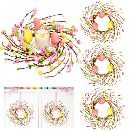 Image of 4 Pcs Easter Decorations Small Easter Wreath, 11 Inch Easter Decor Mini Easter Egg Wreaths with Flowers Berries Artificial Spring Wreath for Table Mantle Kitchen Cabinets Door Window Wall Home Decor