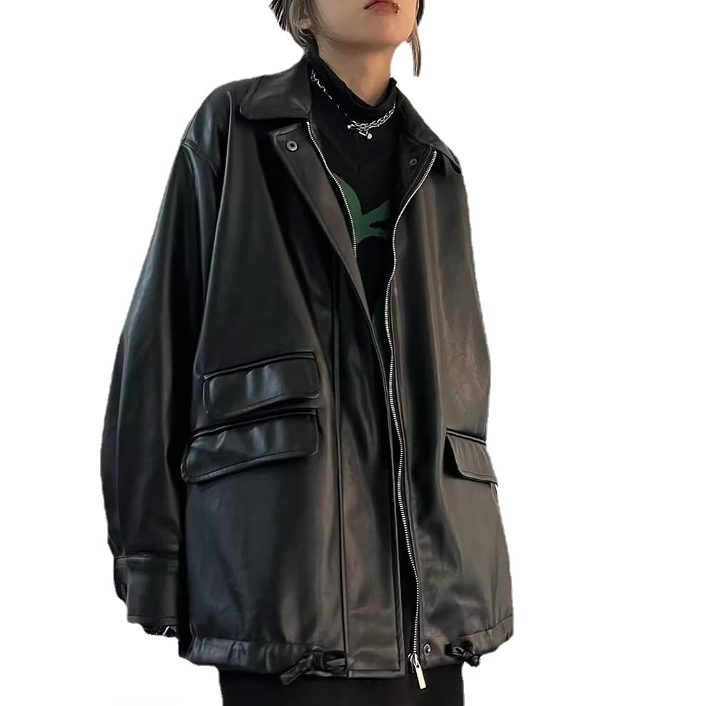 Y2K Faux Leather Jacket Women Dark Academia Oversized Leather Jacket Harajuku Grunge Motorcycle Jacket Punk Coat