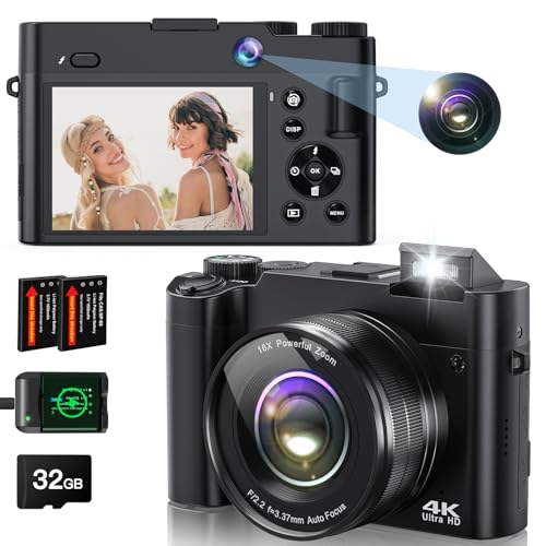 Cámara Digital 4K de 64 MP con Enfoque automático, cámara de vlogging compacta para Fotos y Selfies, con Pantalla LCD de 3 Pulgadas, Zoom de 16x, estabilización de Imagen y Flash, Incluye Tarjeta de