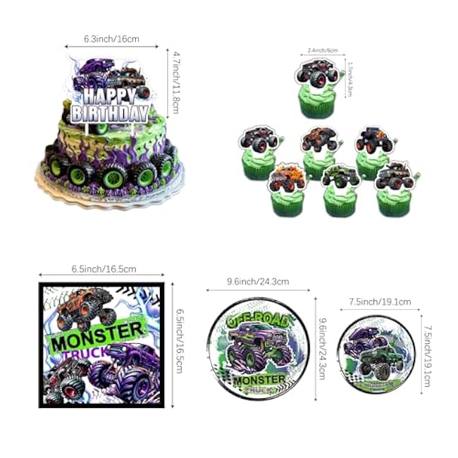 150Pcs Monster Truck Birthday Decorations£¬Monster Truck Party decorations£¬Monster Truck Birthday Party Supplies£¬Include Balloon arch,Backdrop, Cake Toppers£¬Tableware, Tablecloth