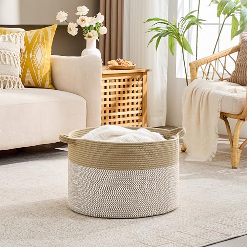 Image of KAKAMAY Cotton Rope Storage Basket (20 inchx13 inch),Woven Hamper for Blankets,Toys,Pillows,Clothes,Laundry,Sturdy Handles Decorative Basket for Living Room, Bedroom,Nursery(Brown /White)