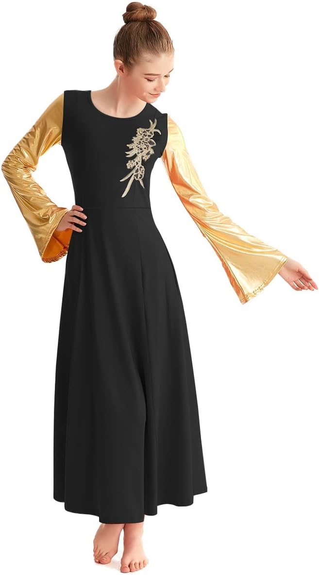 HIHCBF Women Long Sleeve Liturgical Praise Dance Dress Adults Applique Lyrical Ballroom Dancewear Worship Robe Costume