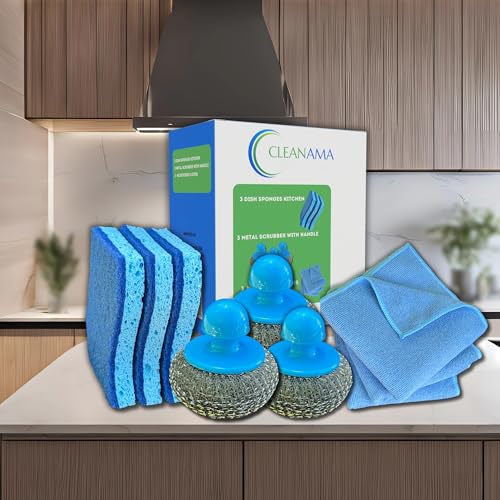 Image of Scrubbers and Sponges - Stainless Steel Scrubbing Pads, with Handle, Dish Sponge Cellulose Non-Scratch, Microfiber Cloths. (9 Count)