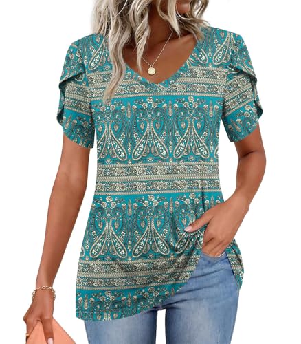 Image of CATHY 2026 Women Tops Summer Short Sleeve Tunic V Neck T-Shirts Loose Casual Floral Blouse S-4XL